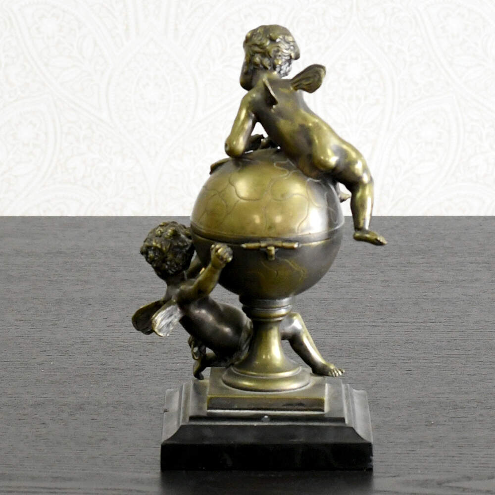 Unsigned Antique Mapmaking Cherubs Figural Bronze Inkwell-3