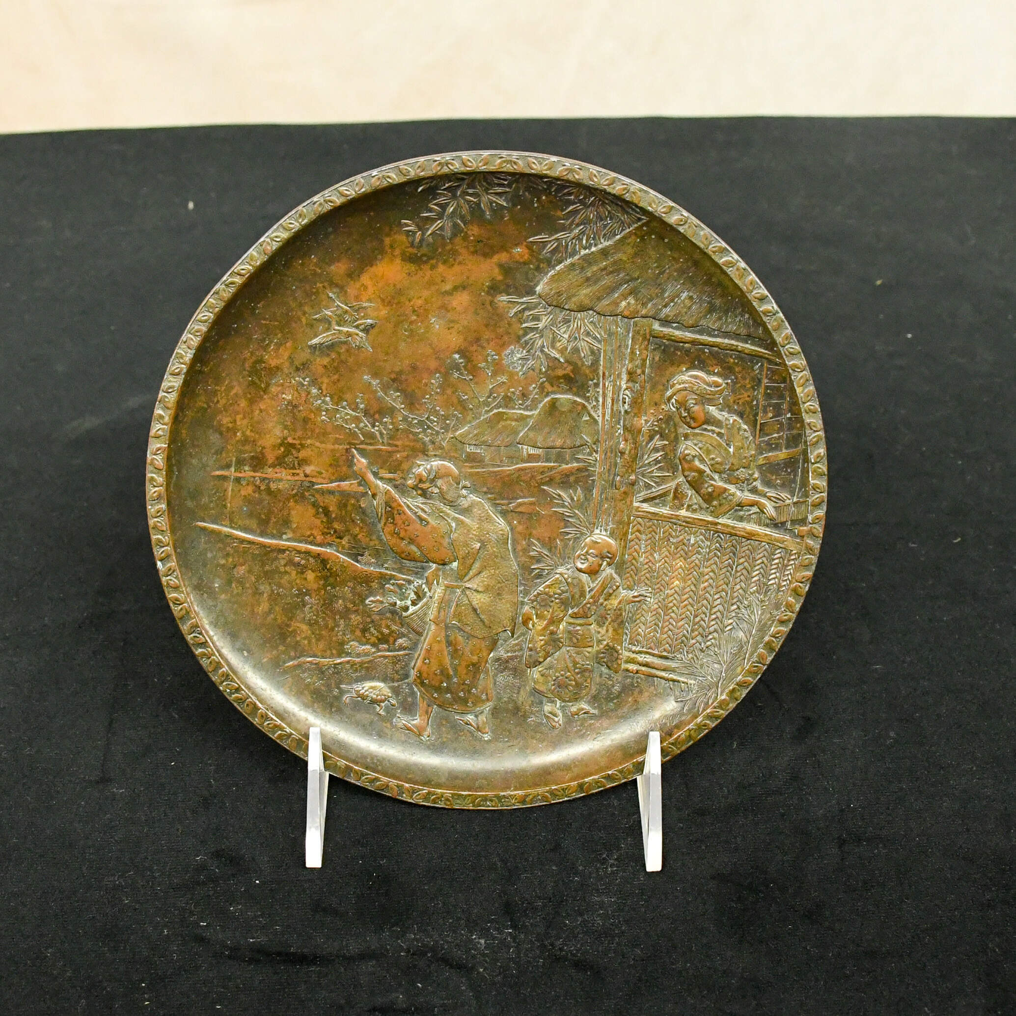 Artist Signed Japanese Bronze Embossed Dish-1