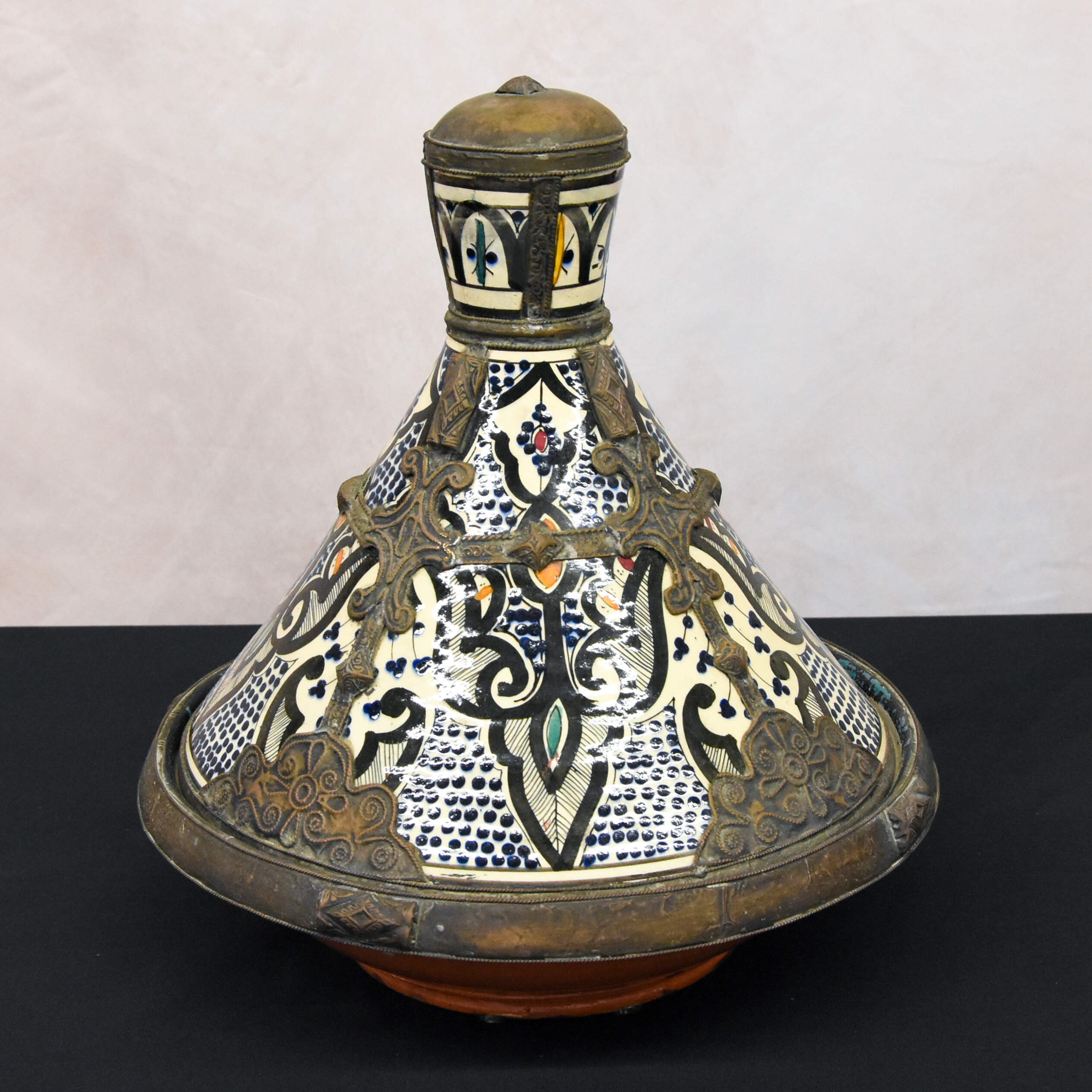 Antique Middle Eastern Moroccan Ceramic Painted Tajine with Lid-1