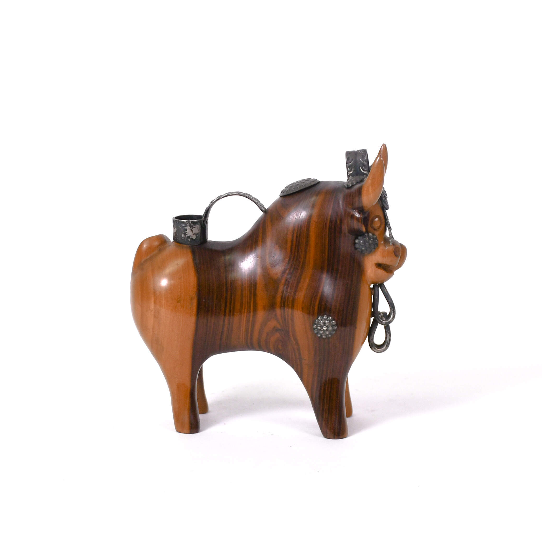 Mid-Century Modern Mahogany & Silver Torito de Pucara Bull Statue-4