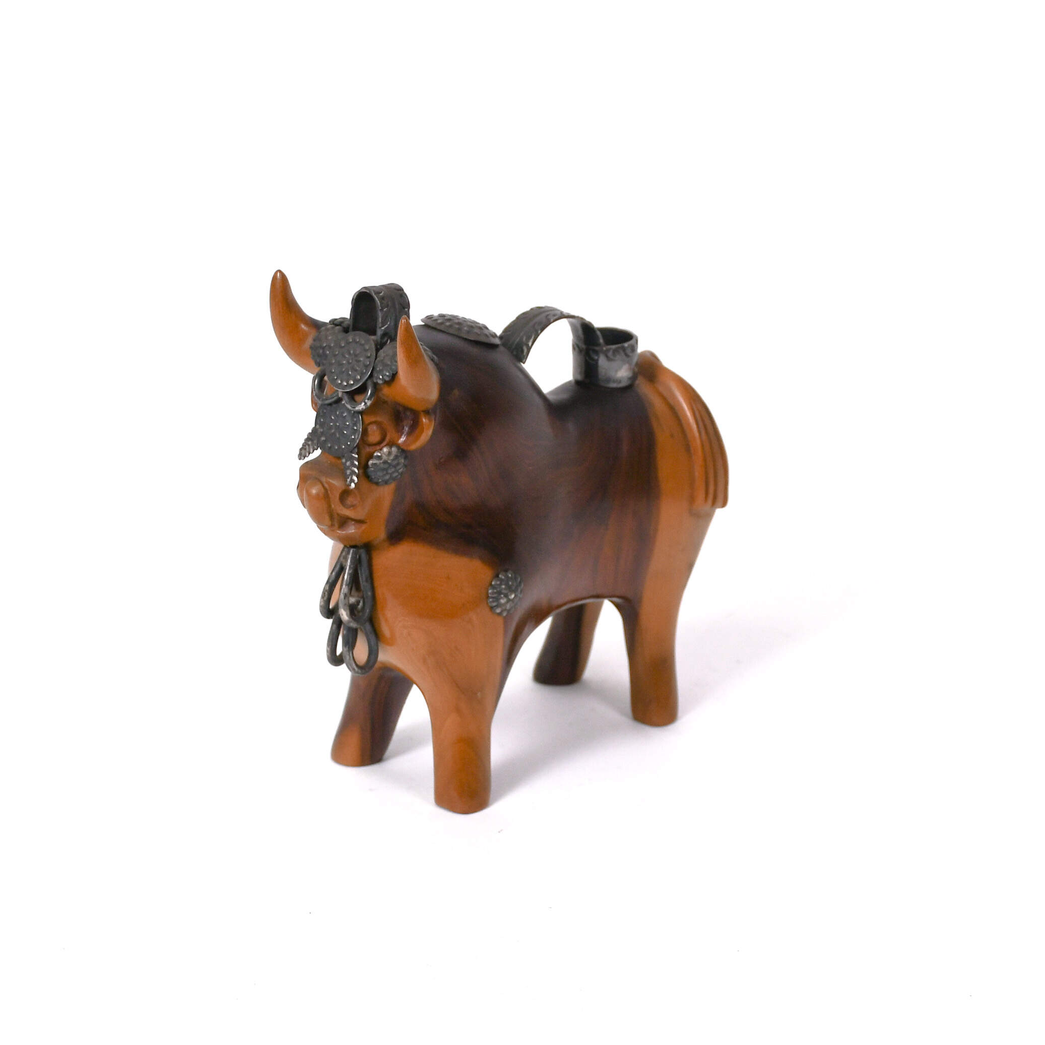Mid-Century Modern Mahogany & Silver Torito de Pucara Bull Statue-1