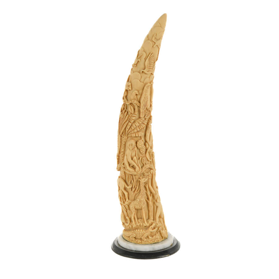 Carved Resin Faux Tusk Sculpture with Troop of Wildlife-4