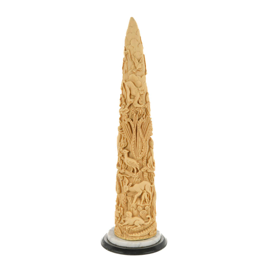 Carved Resin Faux Tusk Sculpture with Troop of Wildlife-3