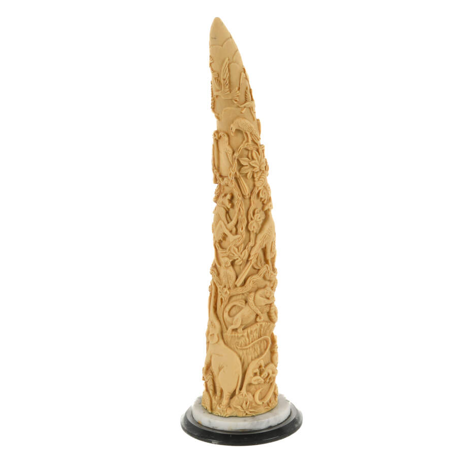 Carved Resin Faux Tusk Sculpture with Troop of Wildlife-1