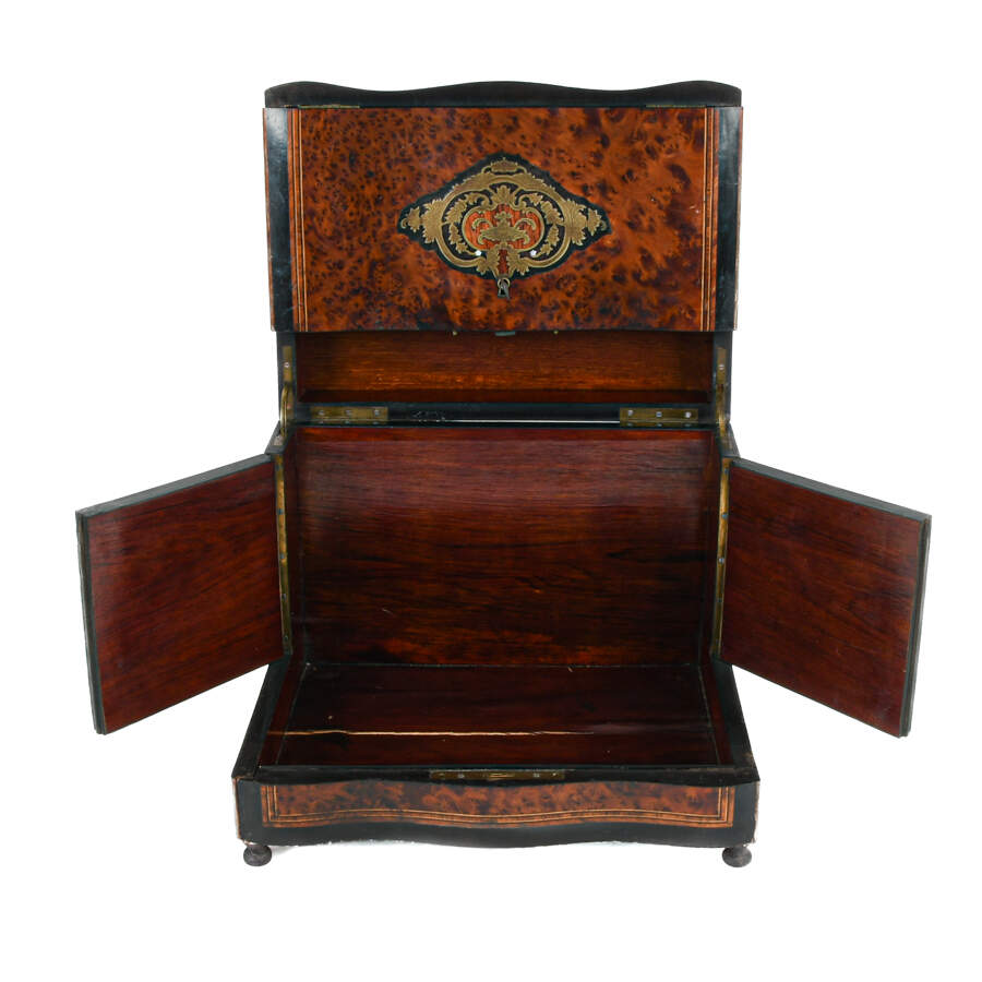 French Burlwood Liquor Tantalus Inlaid Bar with Decanters and Cordials-7