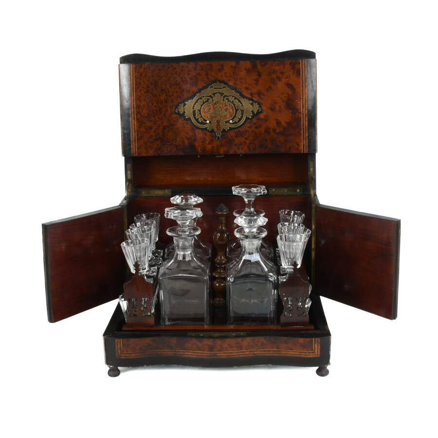 French Burlwood Liquor Tantalus Inlaid Bar with Decanters and Cordials-6