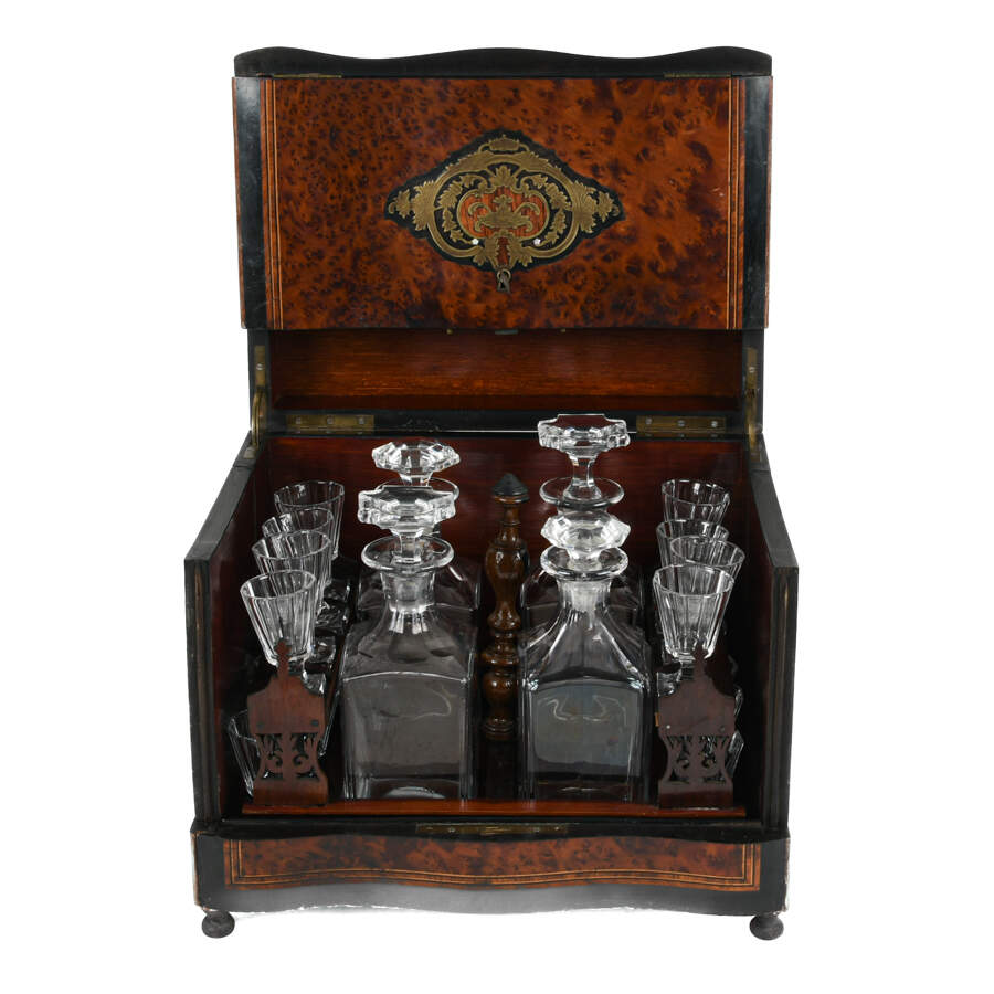 French Burlwood Liquor Tantalus Inlaid Bar with Decanters and Cordials-5