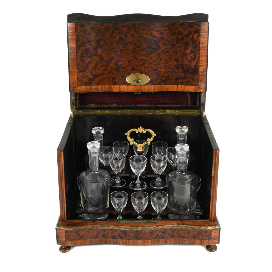 Antique French Marquetry Burlwood Liquor Tantalus with Glassware-5