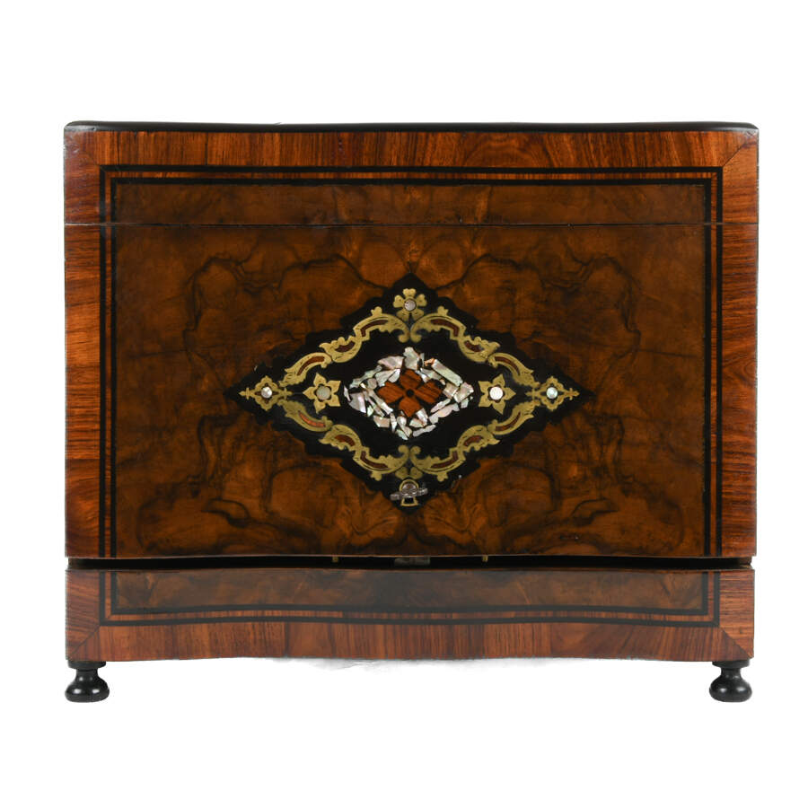 French Burlwood and Inlaid Bar with Decanters and Cordials-1
