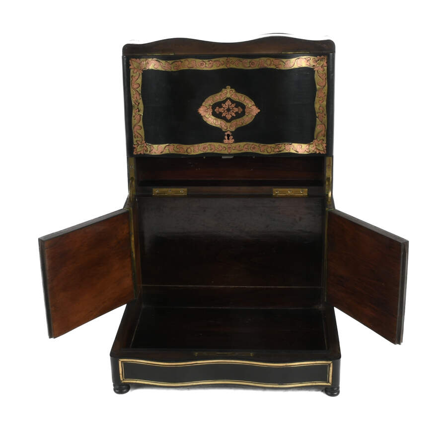 Antique 19th Century French Liquor Tantalus Ebonized and Inlaid Bar-6