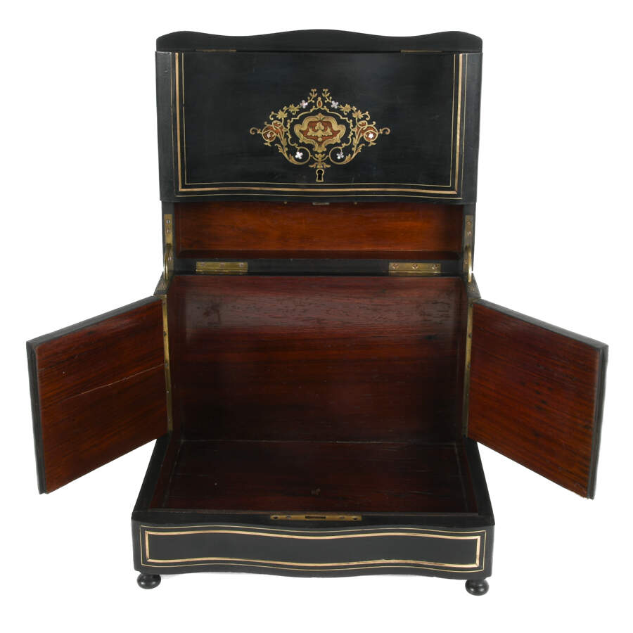 Antique Liquor Tantalus Ebonized and Inlaid Bar with Crystalware-6