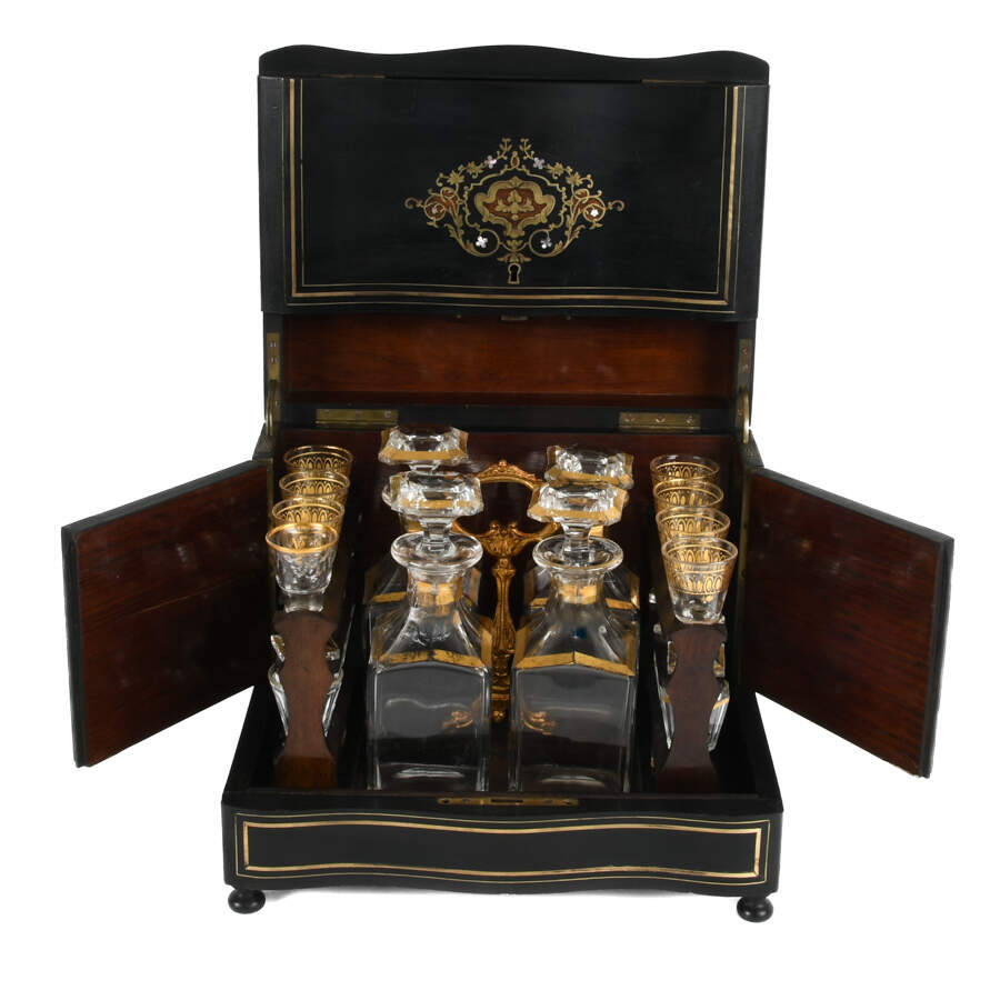 Antique Liquor Tantalus Ebonized and Inlaid Bar with Crystalware-5