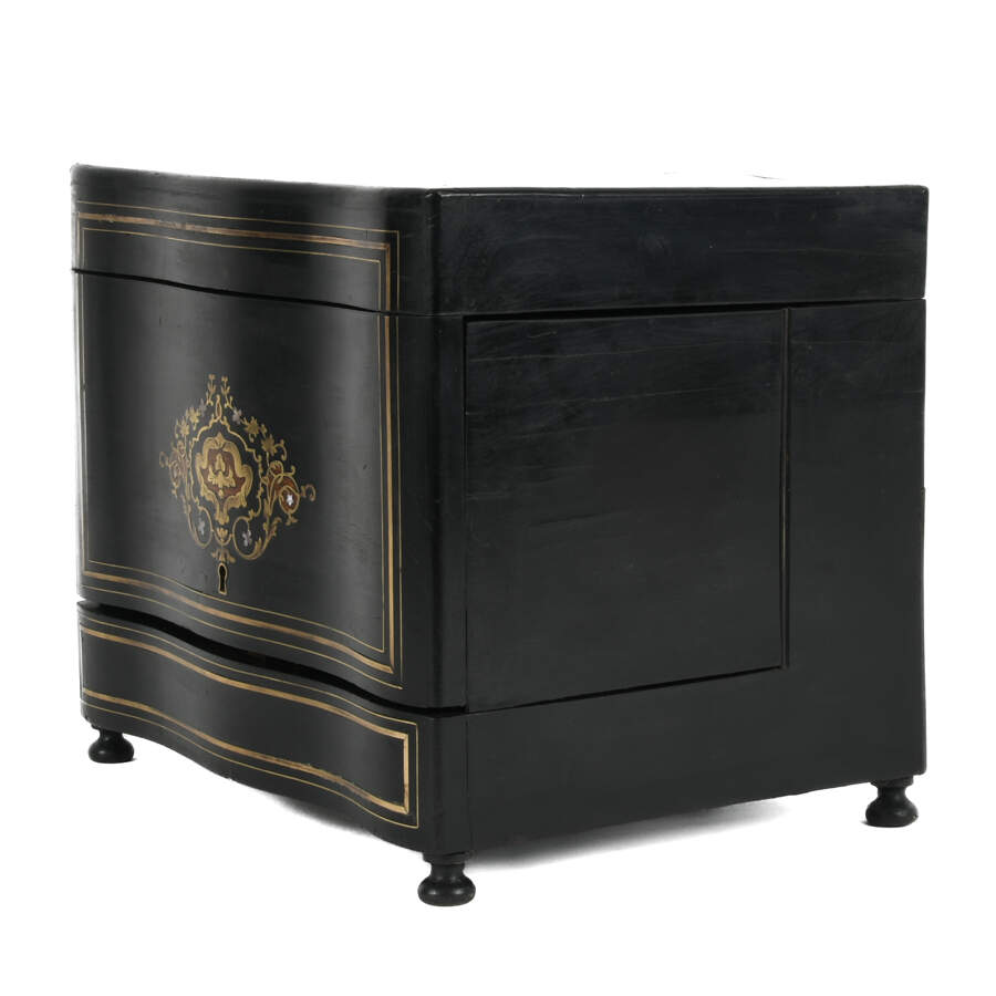 Antique Liquor Tantalus Ebonized and Inlaid Bar with Crystalware-2