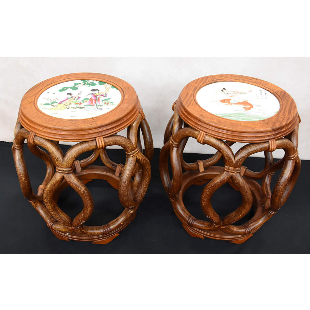 Pair of Bentwood Drum Stools with Inset Porcelain Top-4