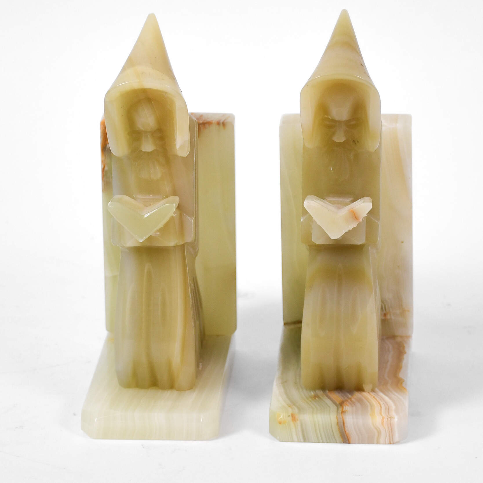 Mid-Century Modern Carved Onyx Monk Bookends-1