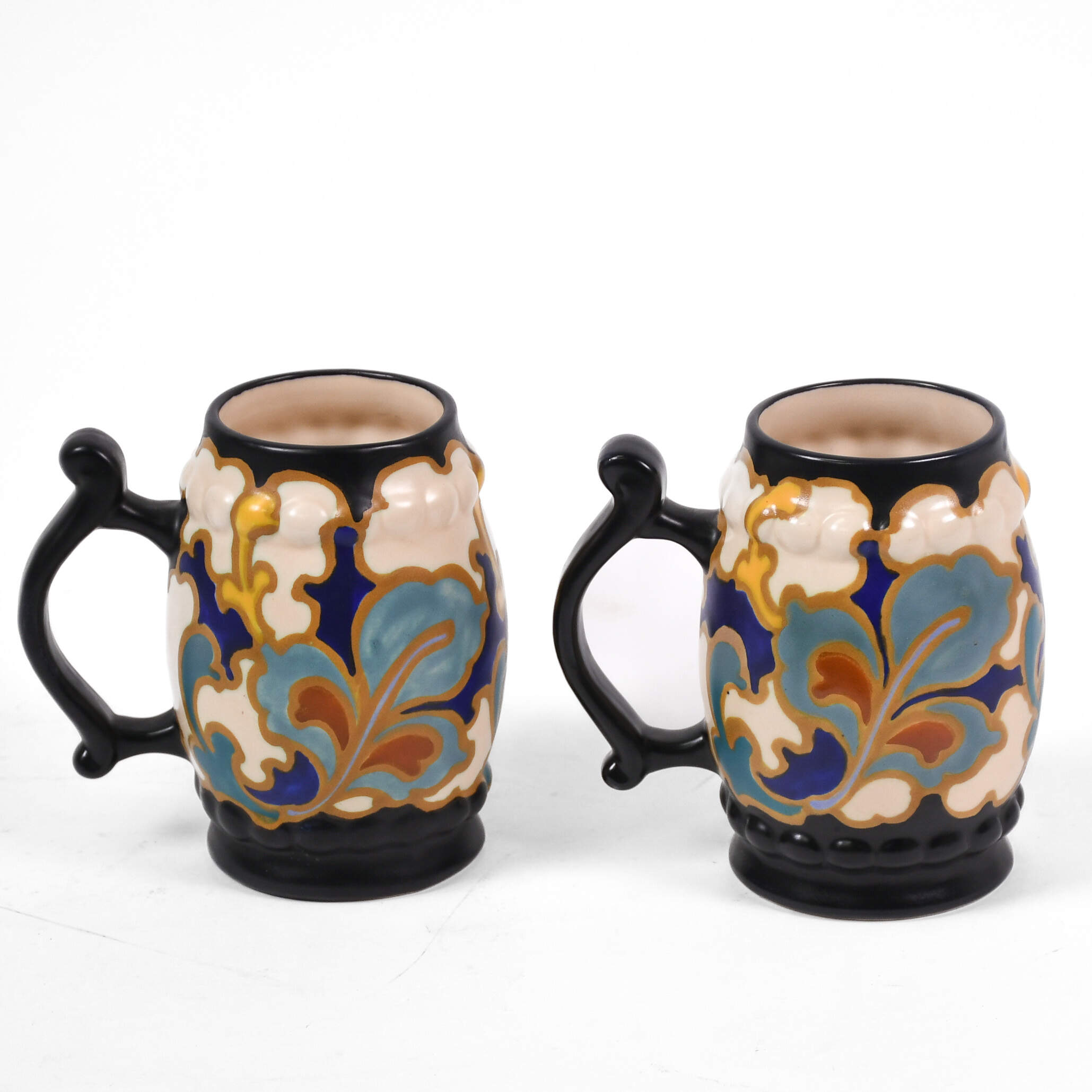 Matched Pair Hand-Painted Gouda Pottery Mugs-3