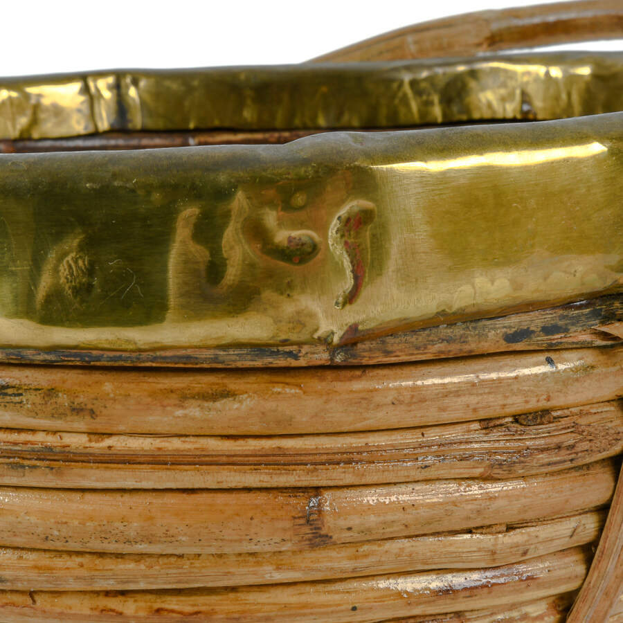 Mid-Century Modern Rattan Brass Trim Handled Basket-7