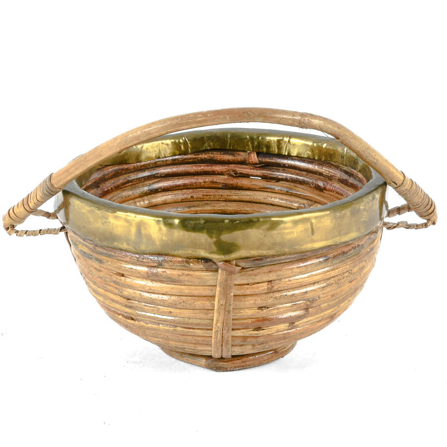 Mid-Century Modern Rattan Brass Trim Handled Basket-3