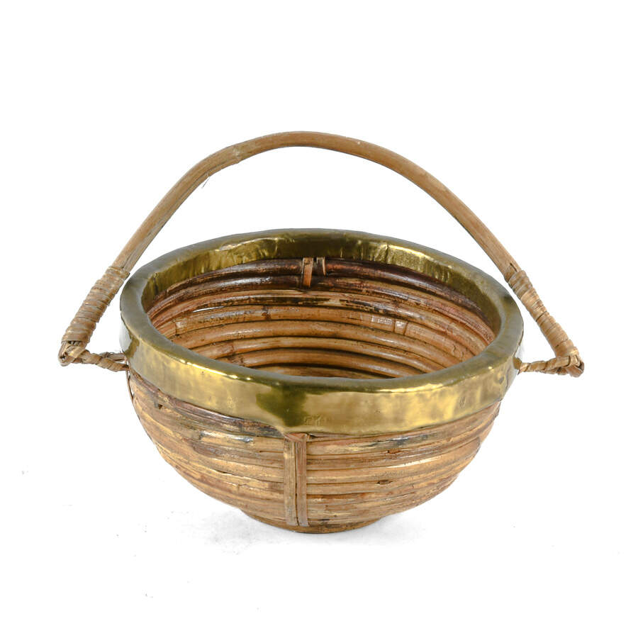 Mid-Century Modern Rattan Brass Trim Handled Basket-1