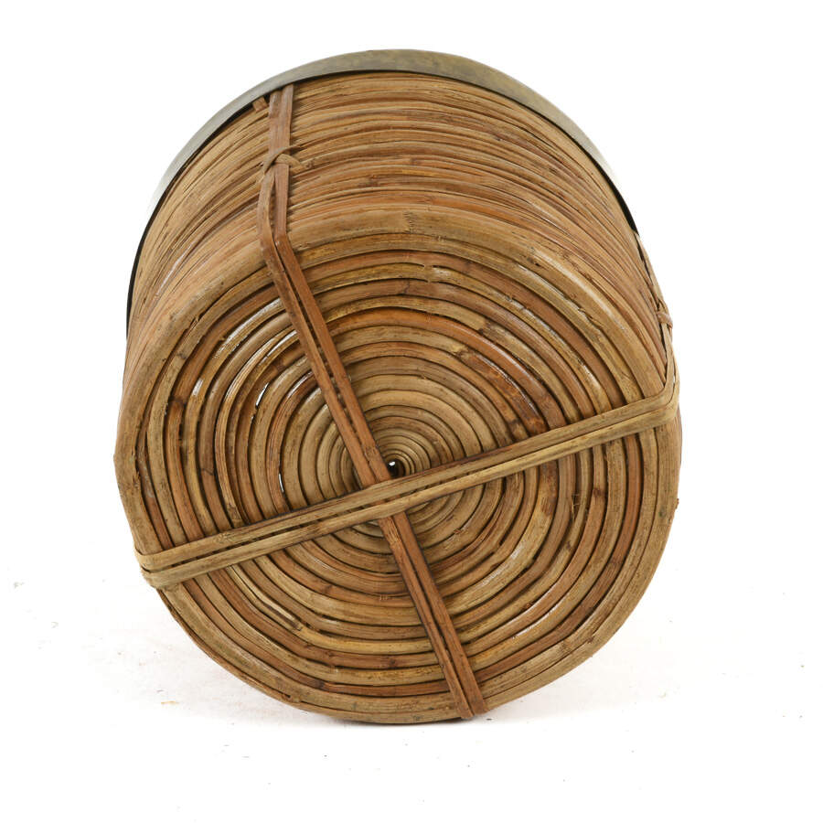 Mid-Century Modern Rattan Brass Trim Wastebasket-5