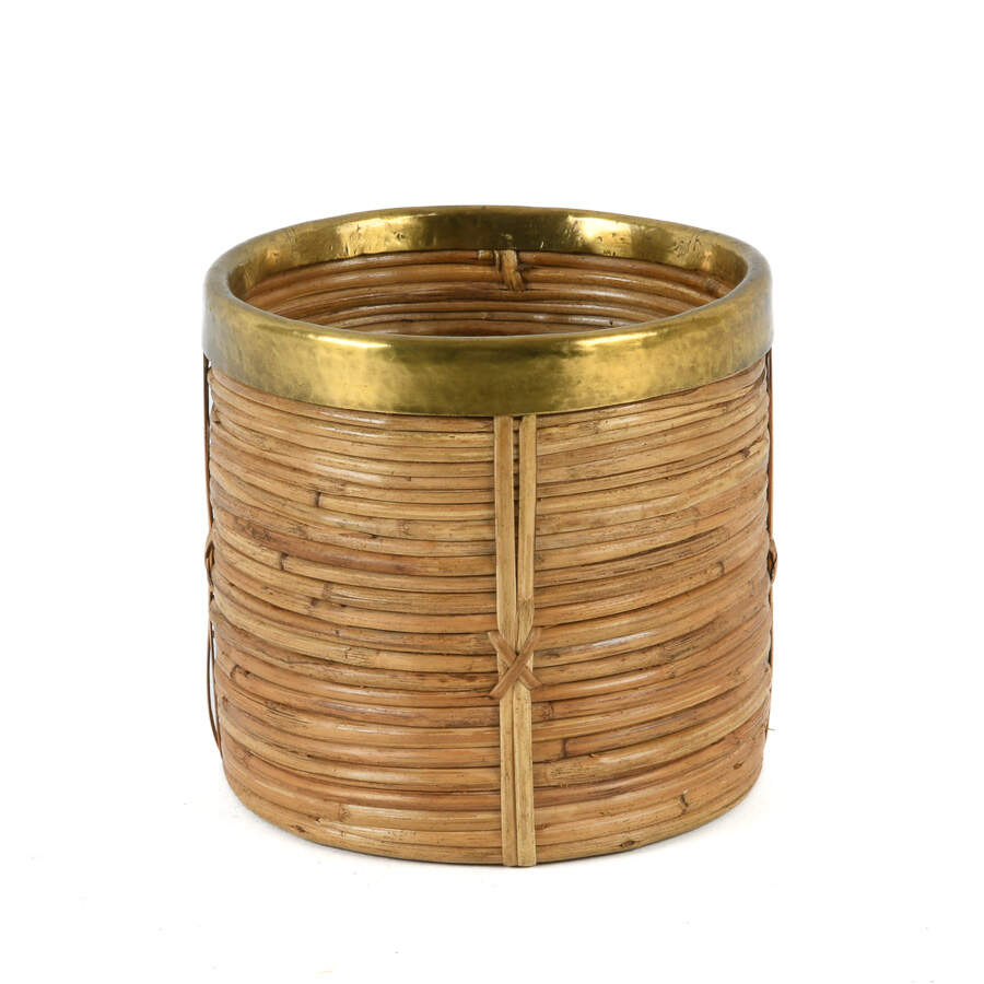 Mid-Century Modern Rattan Brass Trim Wastebasket-2