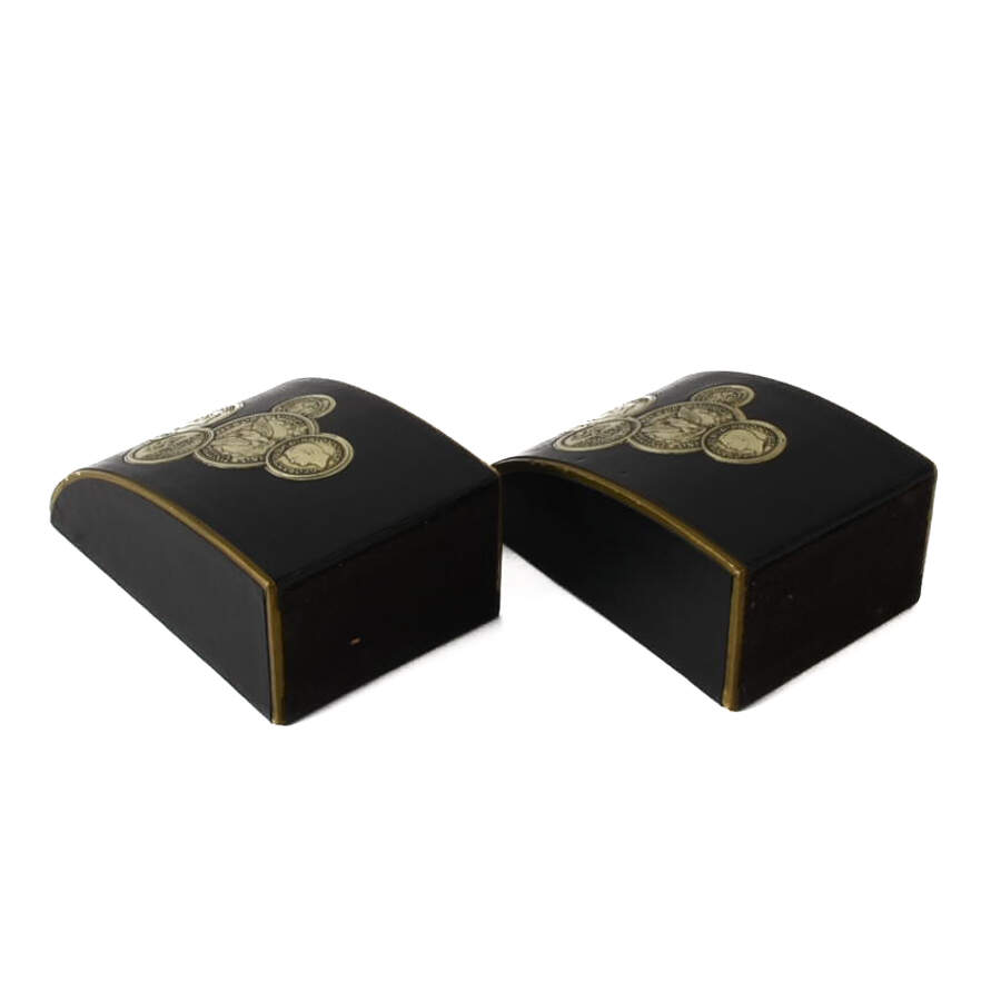 Art Deco Black Leather and Coin Bookends-5