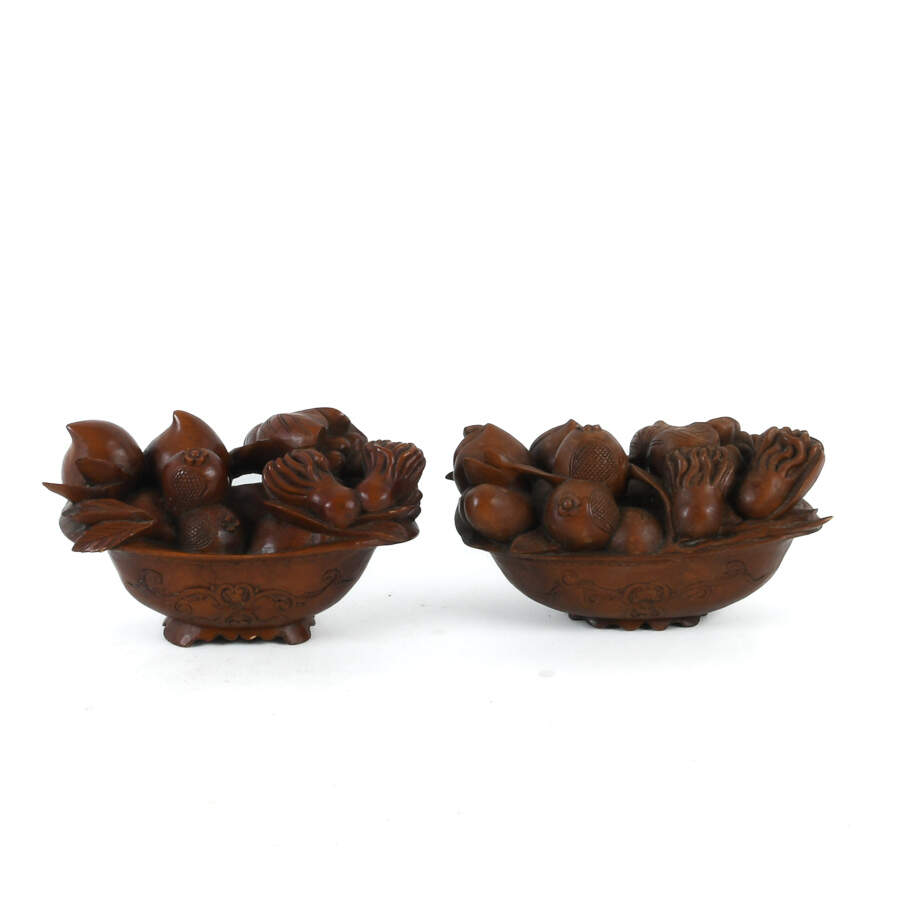 Pair of Hand-Carved Wooden Fruit and Foilage Sculptures-3