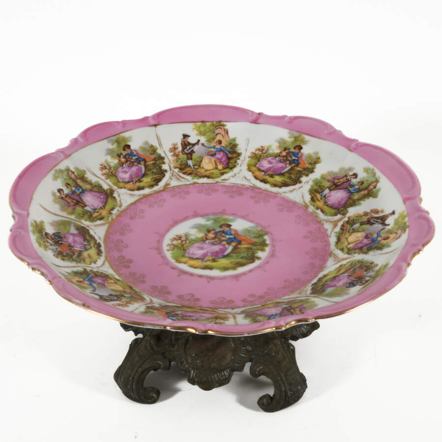 Antique Pink and White Porcelain Server on Metal Base-7