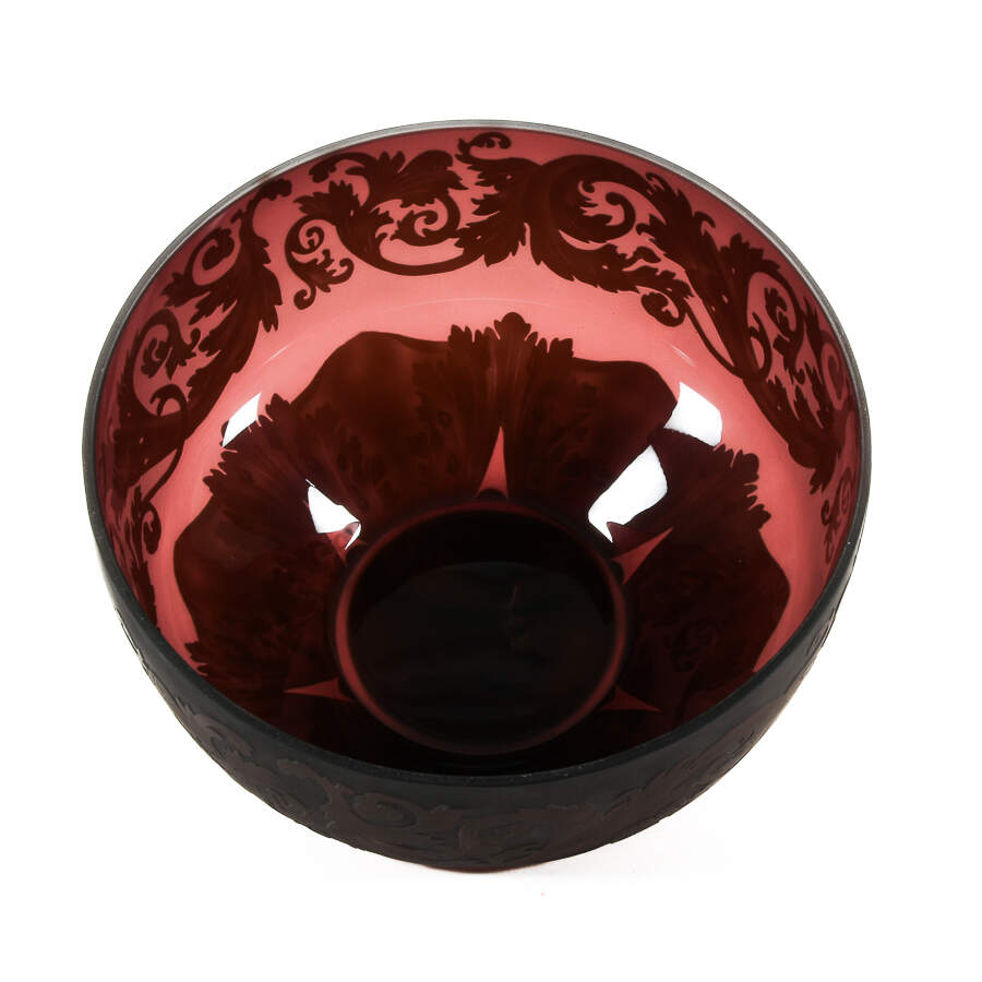 Plum Frosted Exterior and Leaf Scroll Design Bowl-4