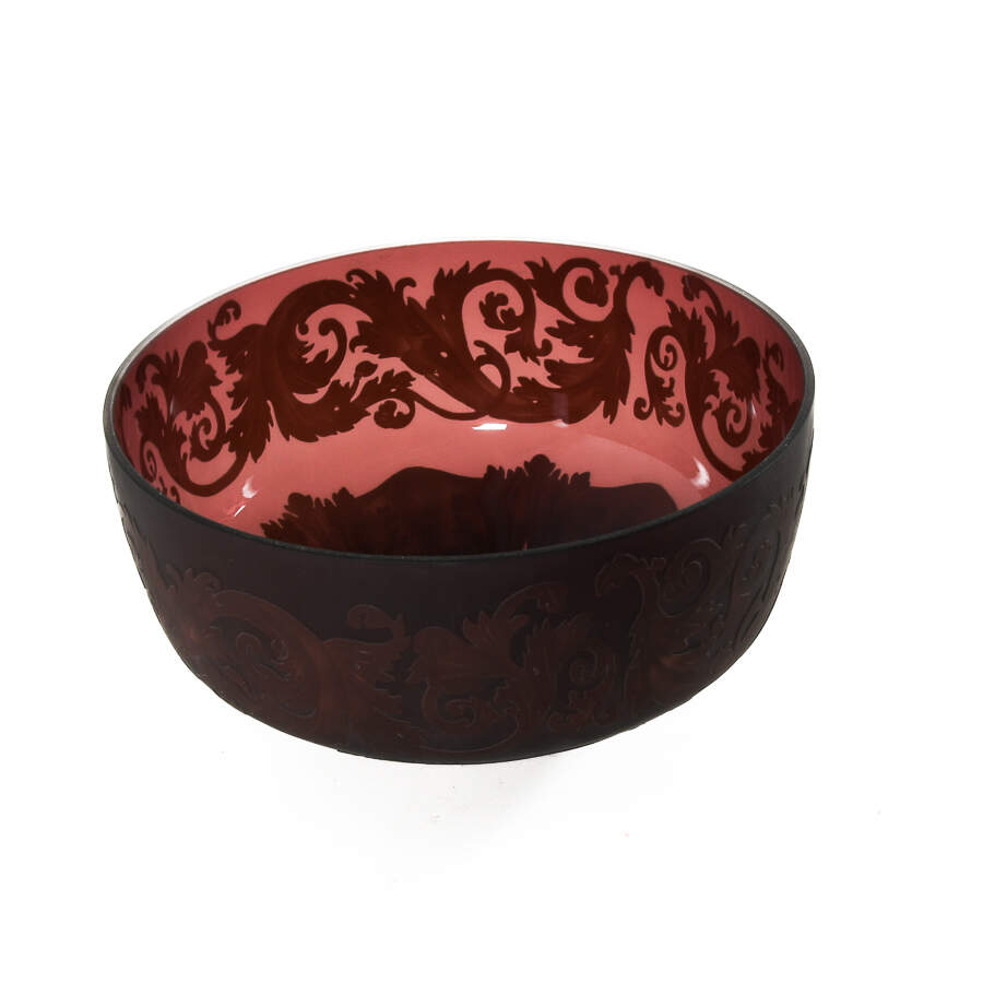 Plum Frosted Exterior and Leaf Scroll Design Bowl-2
