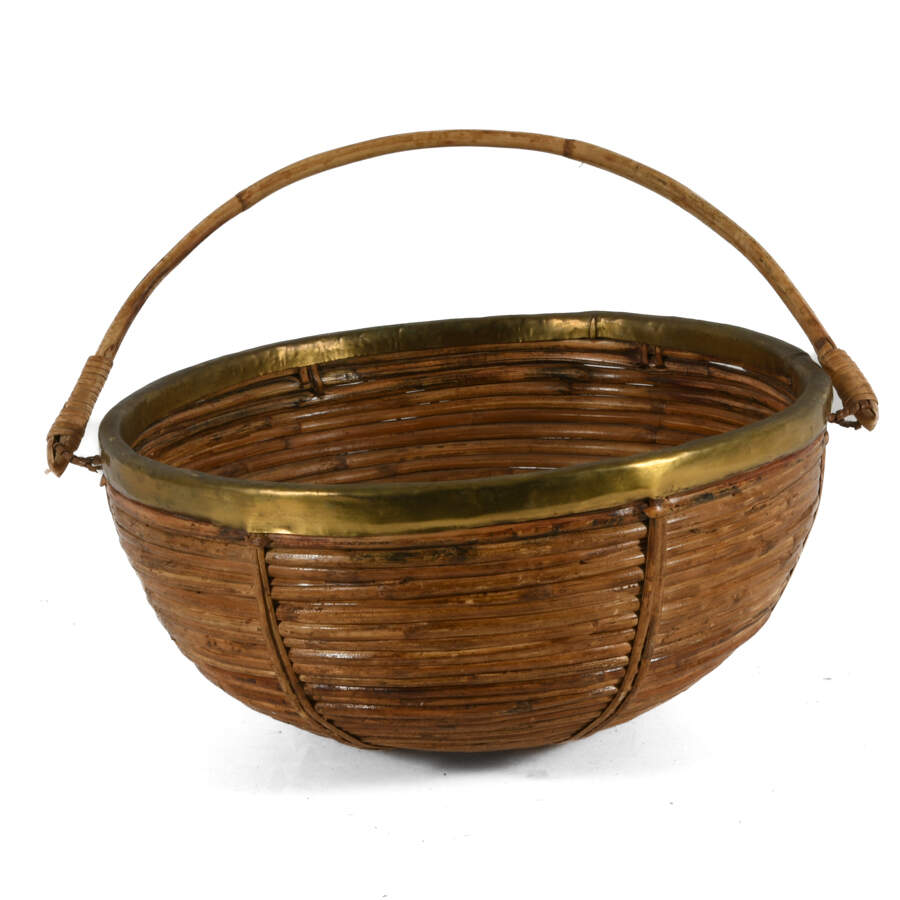 Mid-Century Modern Rattan Brass Trim Basket-3