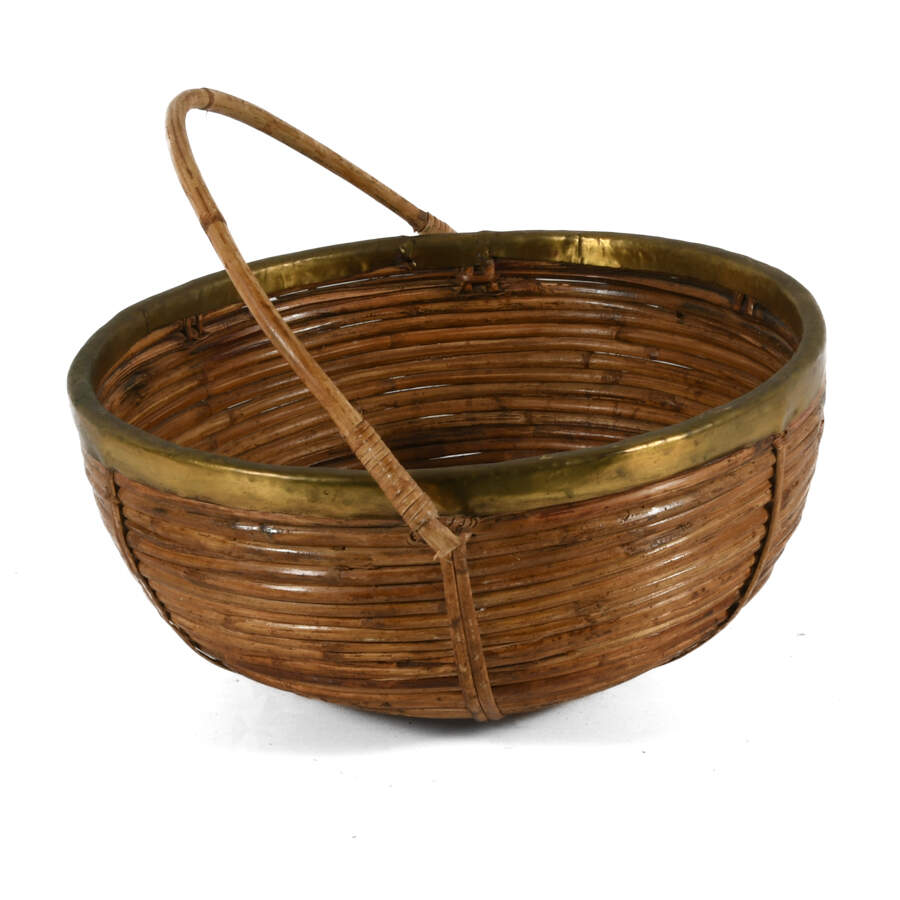 Mid-Century Modern Rattan Brass Trim Basket-2