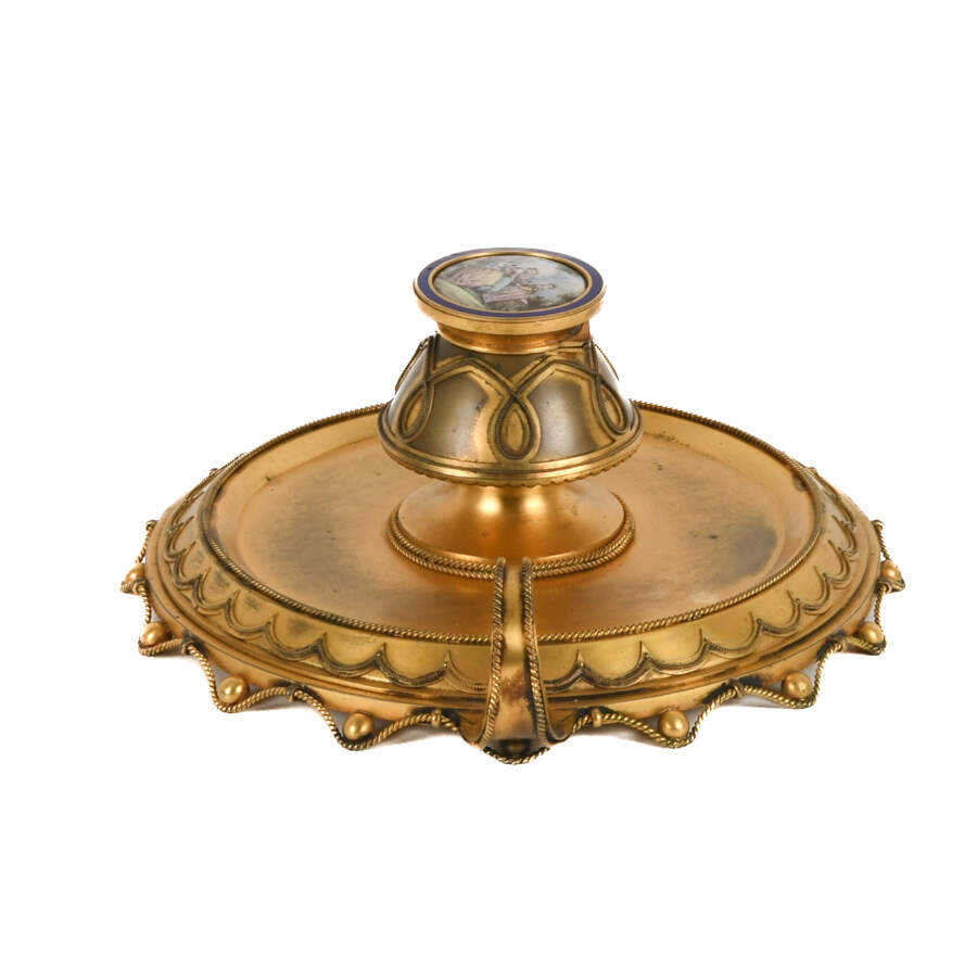 Antique French Gilt Inkwell with Hand-Painted Inset Porcelain Medallion-4