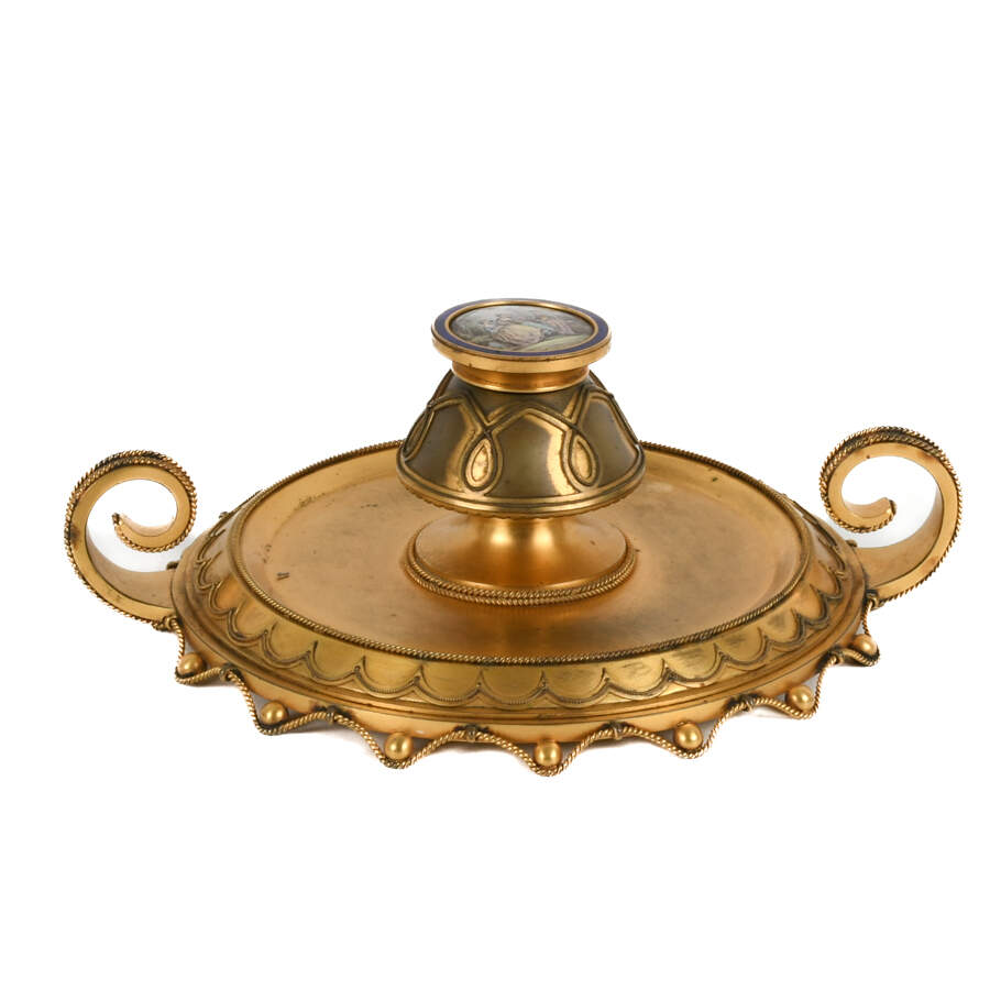 Antique French Gilt Inkwell with Hand-Painted Inset Porcelain Medallion-3
