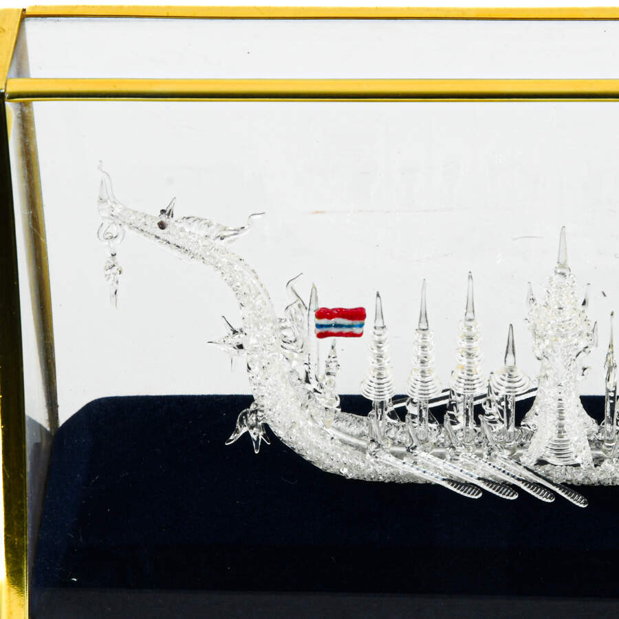 Chinese Spun Glass Royal Dragon Boat in Blue Lined Case-5