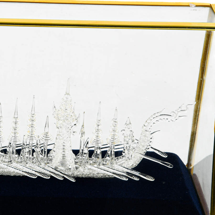 Chinese Spun Glass Royal Dragon Boat in Blue Lined Case-4