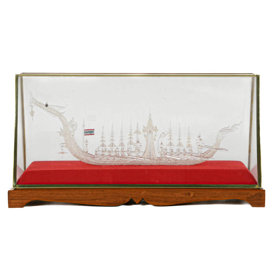 Chinese Spun Glass Royal Dragon Boat in Red Lined Case-1