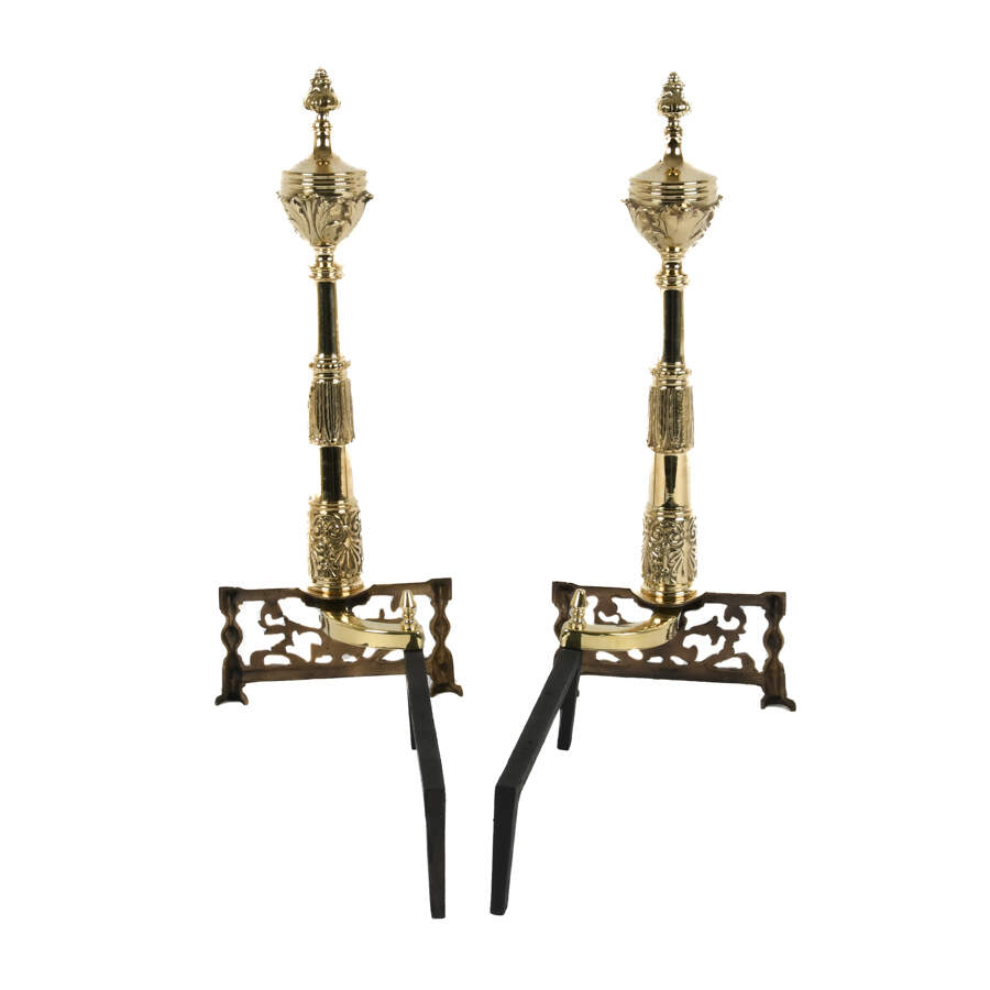 Antique French Pair of Brass Classical Footed Andirons-3