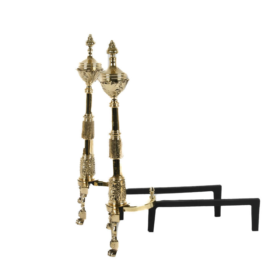 Antique French Pair of Brass Classical Footed Andirons-2