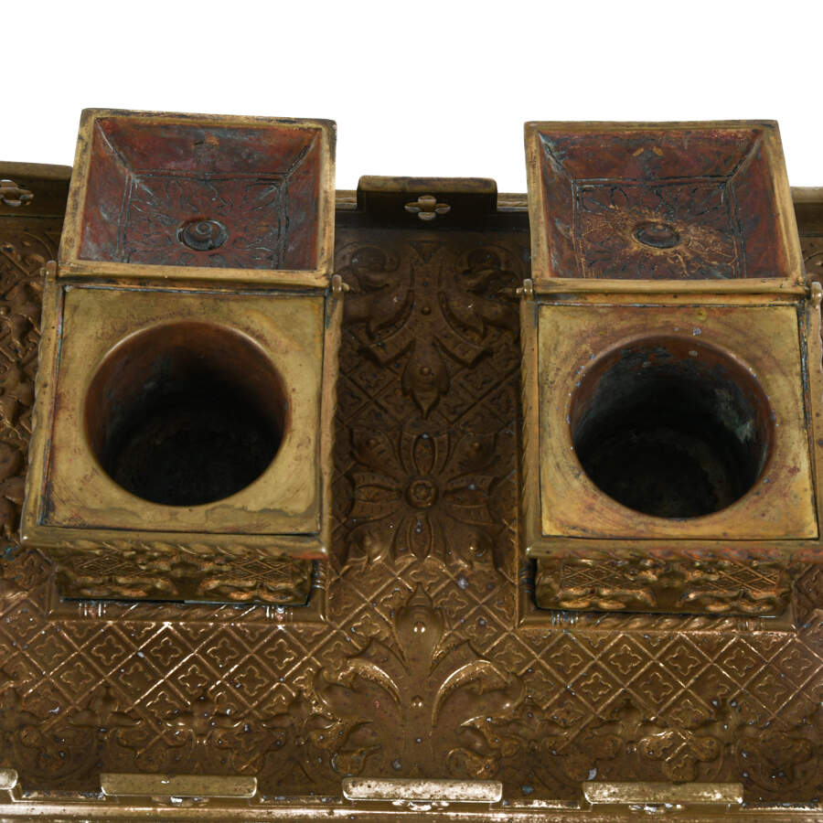 Antique 1860s Gothic Revival Brass Double Inkwell-7