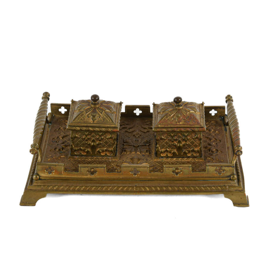Antique 1860s Gothic Revival Brass Double Inkwell-1