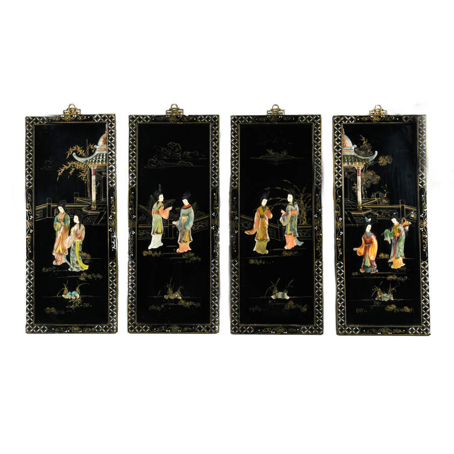 Set of Four Chinese Black Lacquer Mother of Pearl Wall Panels-1