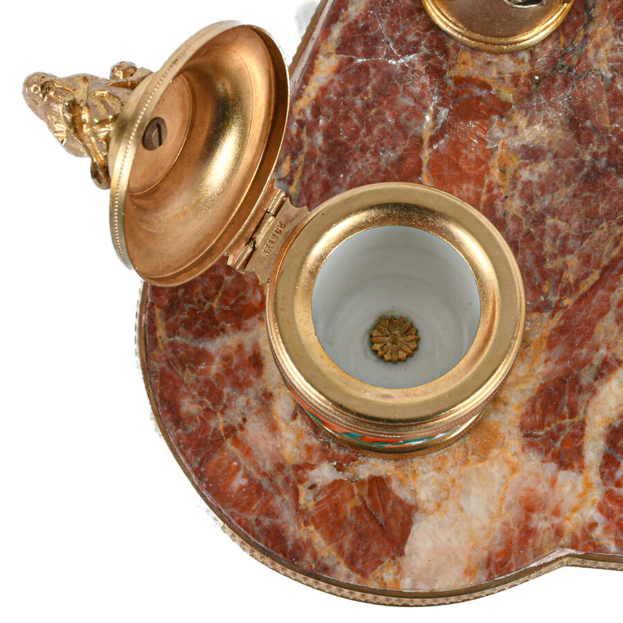French Marble, Porcelain, and Ormolu Inkwell Desk Set-6