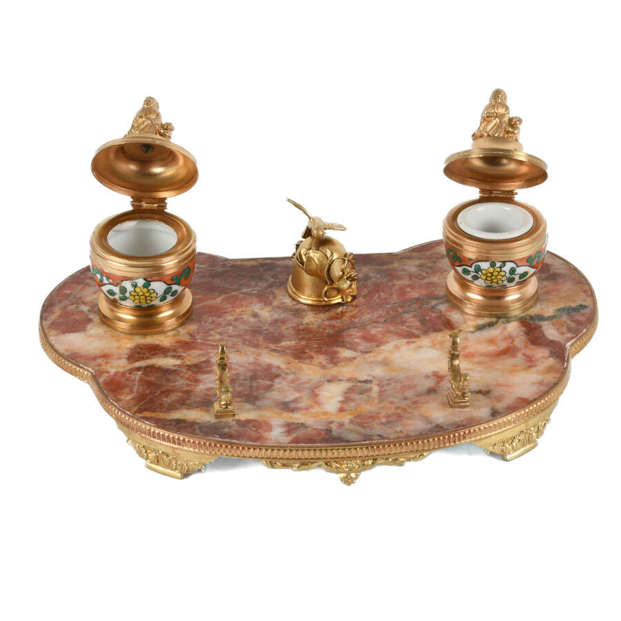 French Marble, Porcelain, and Ormolu Inkwell Desk Set-5