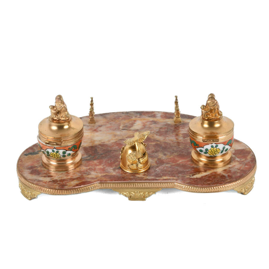 French Marble, Porcelain, and Ormolu Inkwell Desk Set-3