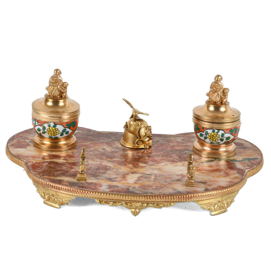 French Marble, Porcelain, and Ormolu Inkwell Desk Set-1
