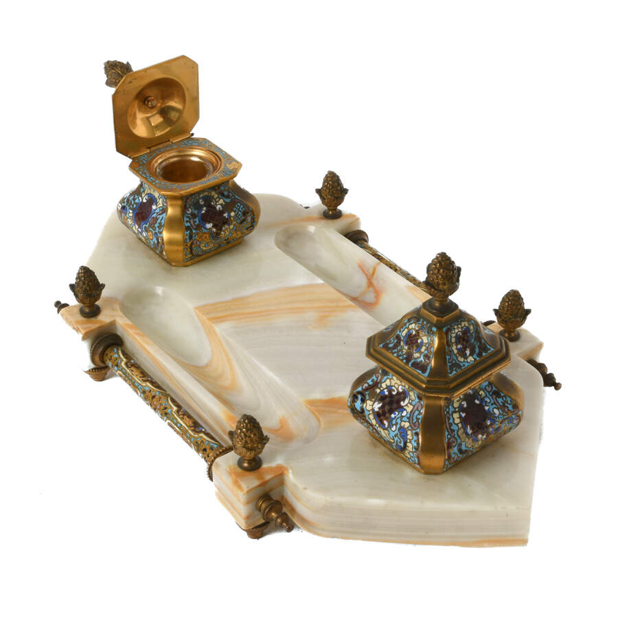 French Champlevé Enamel and Onyx Desktop Inkwell-6