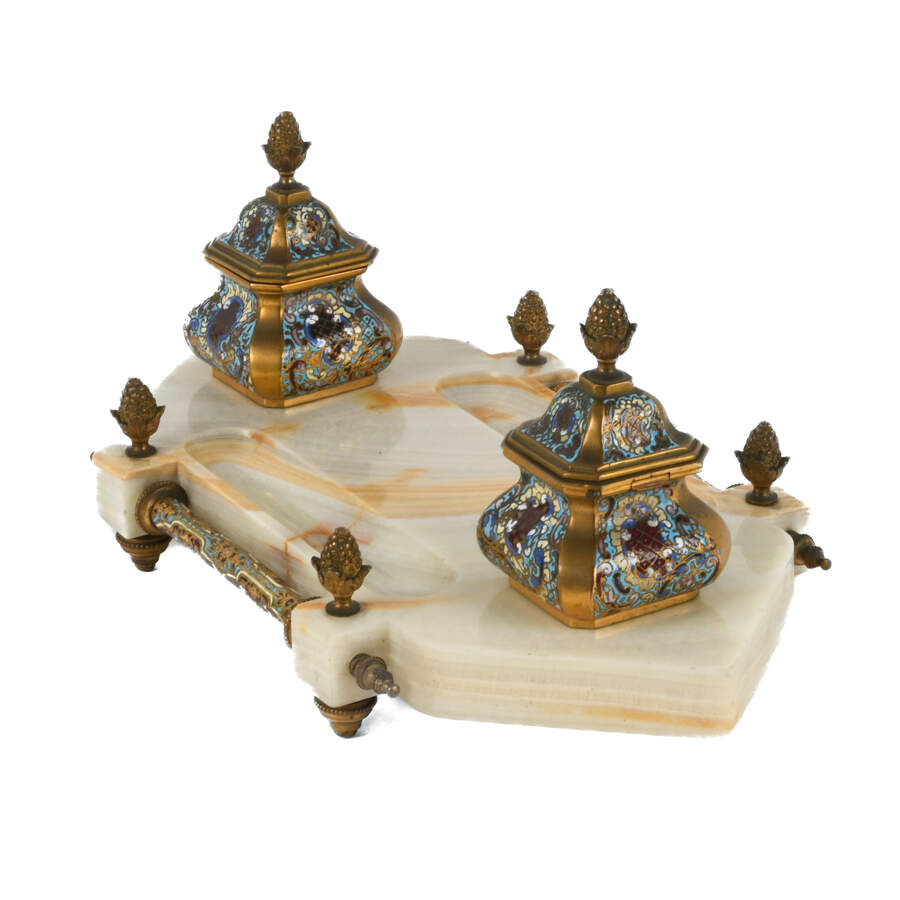 French Champlevé Enamel and Onyx Desktop Inkwell-4