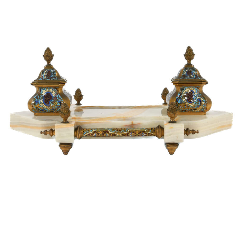 French Champlevé Enamel and Onyx Desktop Inkwell-3