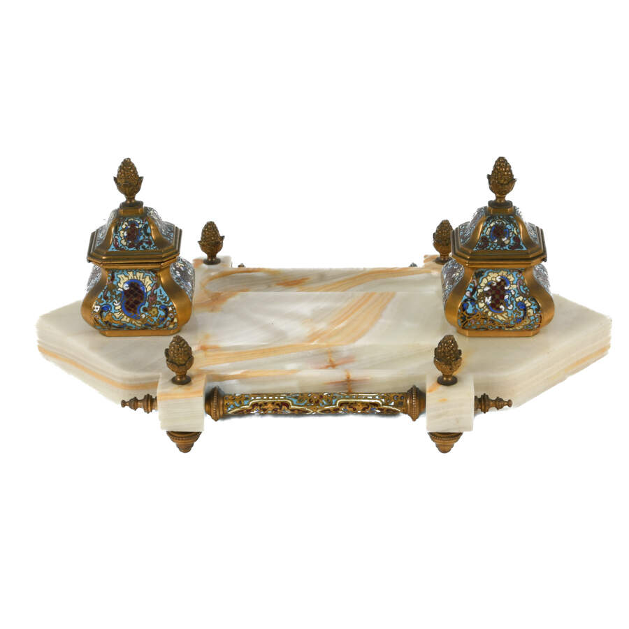 French Champlevé Enamel and Onyx Desktop Inkwell-1